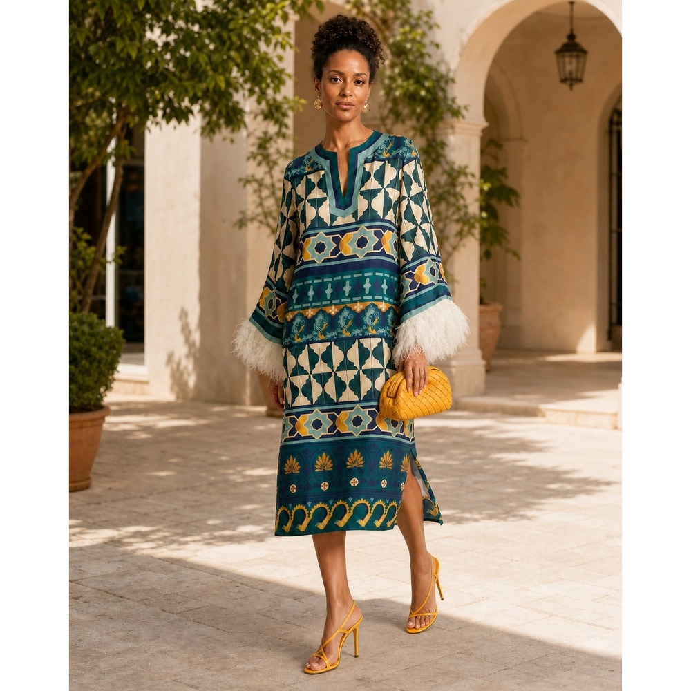 La DoubleJ Placee Kaftan Feathers Casareale Emerald Silk Dress Large